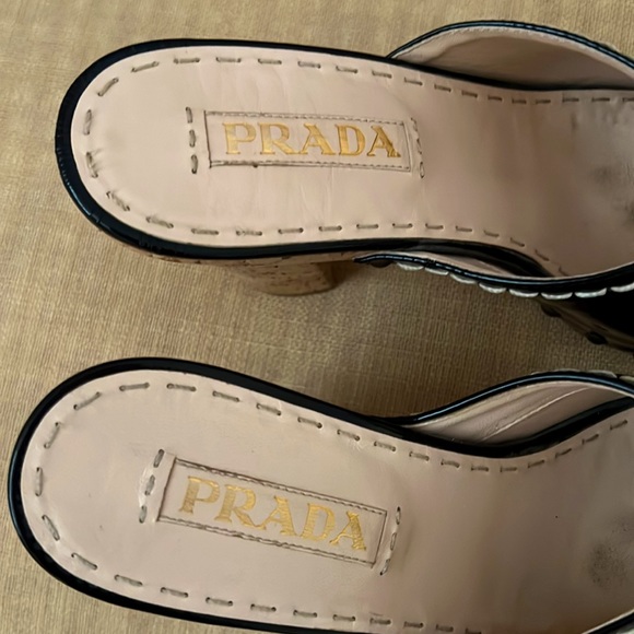 PRADA Black Patent Leather Mule Sandal With Cork Heel - Picture 7 of 8